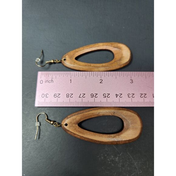 Plunder Wooden Teardrop Dangle Earrings Brown Natural Boho Lightweight Rustic - Picture 4 of 6